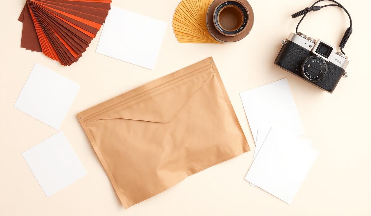 Colour swatch cards, blank pouch mockup and a camera on a cream studio surface