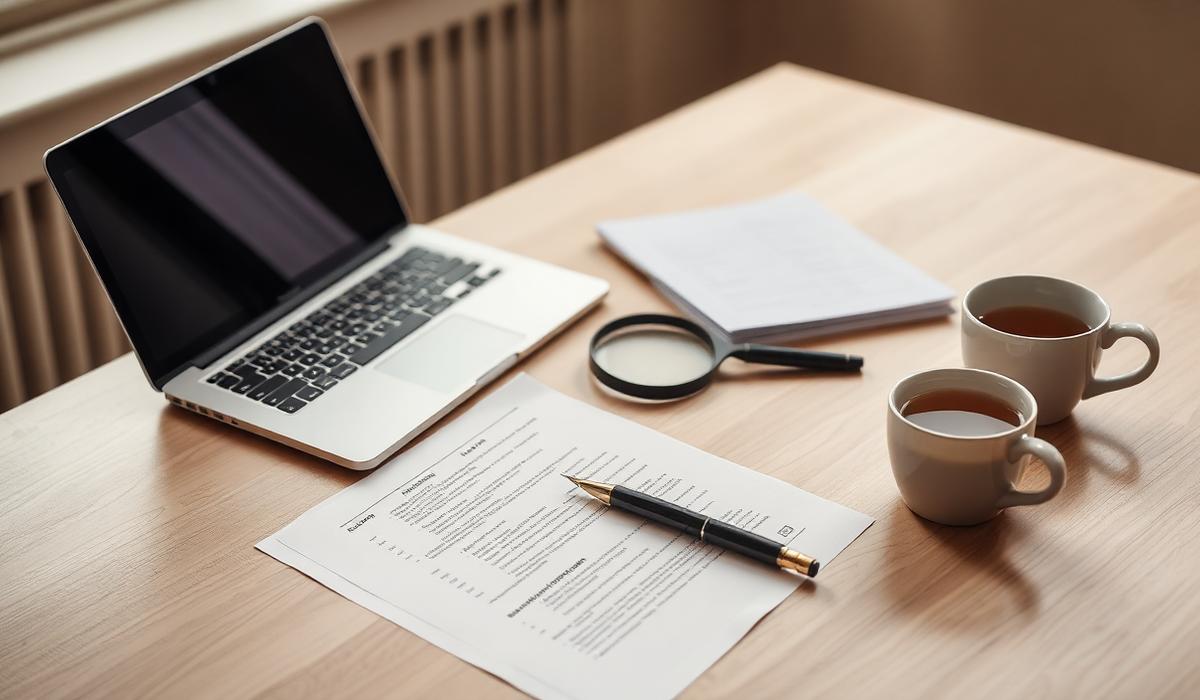 Laptop, printed checklist, magnifying glass and pen on a wooden desk