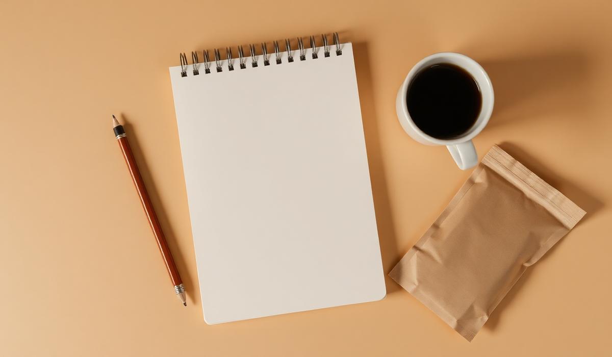 Blank notebook, pencil, coffee and an unbranded snack pouch on a cream surface